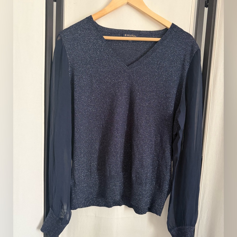 Brooks Brothers Navy Blue And Silver Shimmer Long Mesh Sleeves Top - Picture 2 of 10